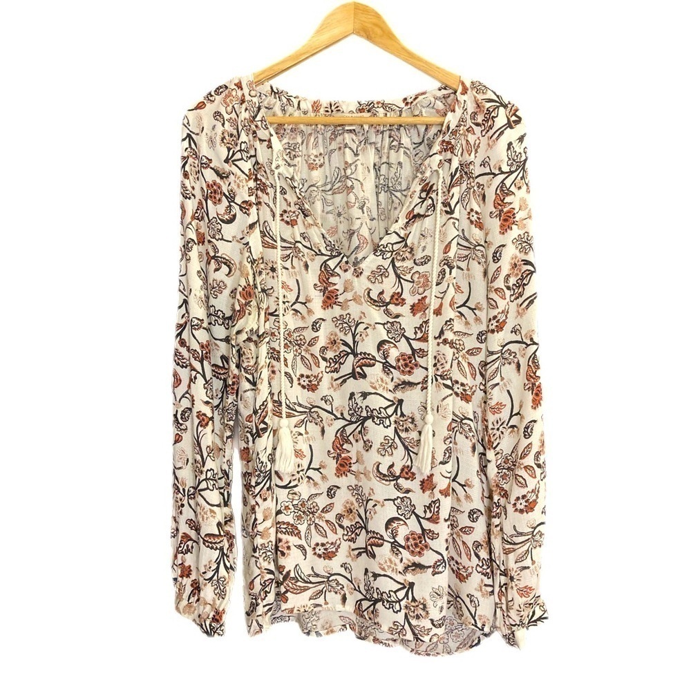 Lucky Brand floral white tie front tunic long sleeve blouse